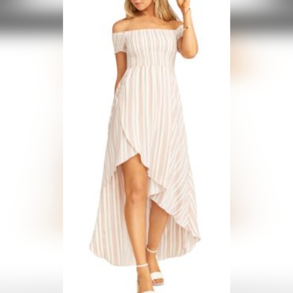 Show Me Your MuMu Off-Shoulder Striped High Low Dress Size S